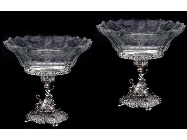 German Pair of Silver and Glass Compotes by J. D. Schleissner Sohne