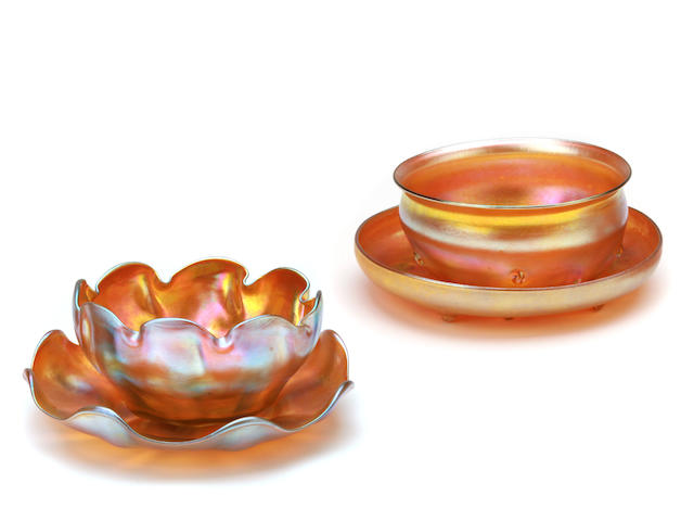 Two Tiffany Favrile glass finger bowls and ice plates