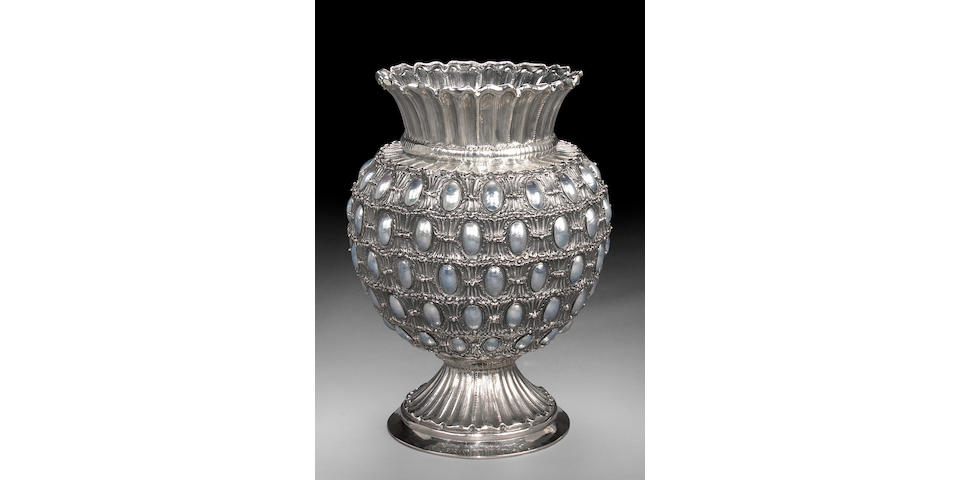 An Italian Sterling Large Vase Set with Oval Mabe Pearls by Buccellati