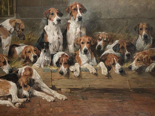 John Emms (British 1843-1912) New Forest Foxhounds 41 x 62 in. (104 x 157.5 cm.)