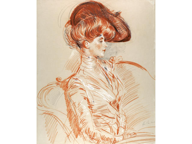 Paul C&#233;sar Helleu (French, 1859-1927) Woman seated on a settee 30 x 24 3/4in (76.2 x 62.2cm)