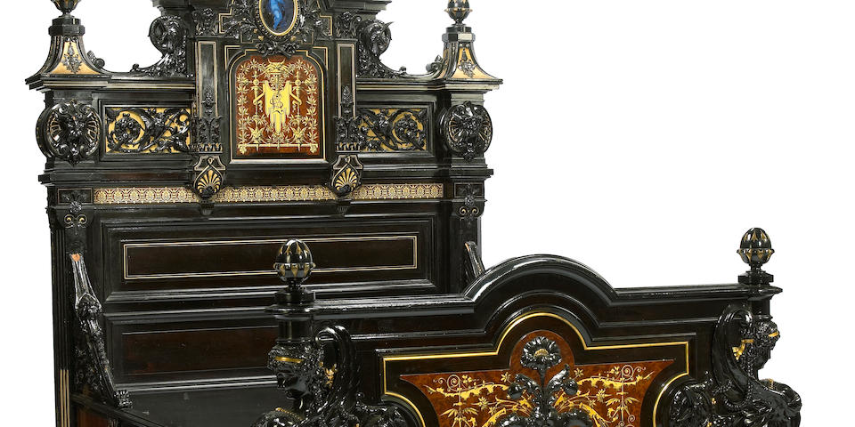 A highly important American Renaissance parcel-gilt, carved, inlaid and ebonized  bedstead