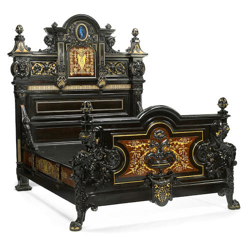 A highly important American Renaissance parcel-gilt, carved, inlaid and ebonized  bedstead