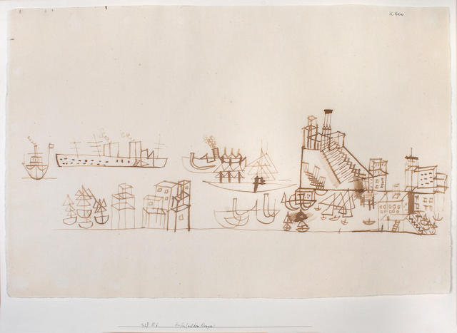 Paul Klee (Swiss, 1879-1940) Hafen (mit dem Kreuzer), 1927 paper 12 x 18in (30.5 x 45.8cm) cardboard 16 1/2 x 21 3/8in (42 x 54.4cm)