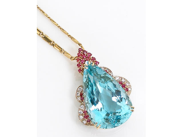 An aquamarine, diamond, and ruby pendant necklace