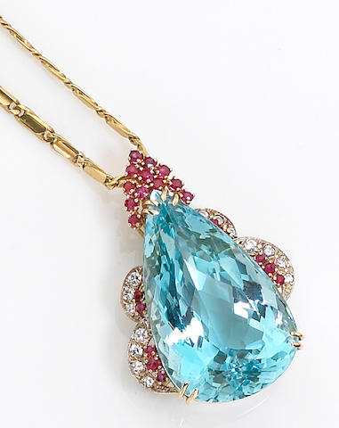 An aquamarine, diamond, and ruby pendant necklace