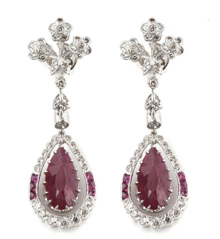 Bonhams : A pair of ruby, diamond and 18k white gold pendant earrings