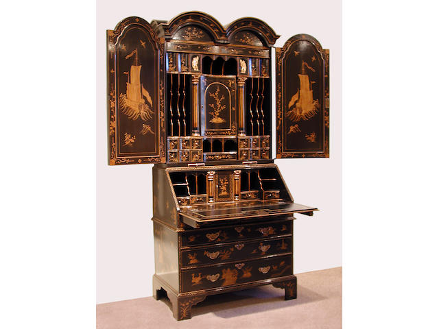 A good George I style parcel gilt lacquered secretary bookcase