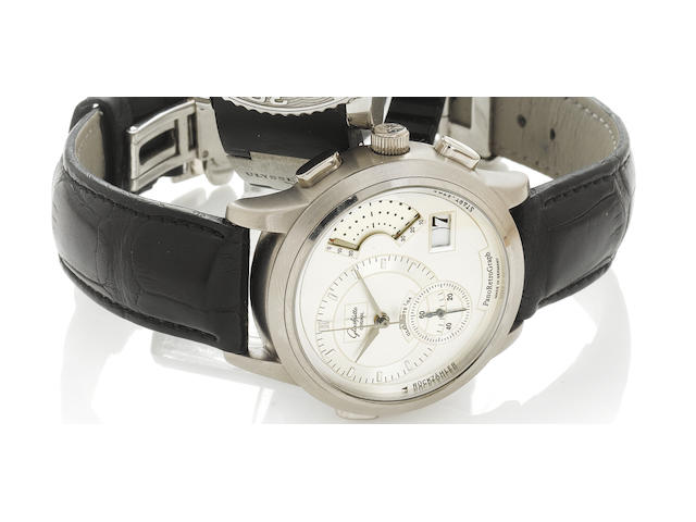 Glashutte. A fine limited edition 18k white gold fly-back chronograph wristwatch with date, countdown function and acoustic signal together with fitted box and papersGlashutte Original, PanoRetroGraph, No.108/150, Recent