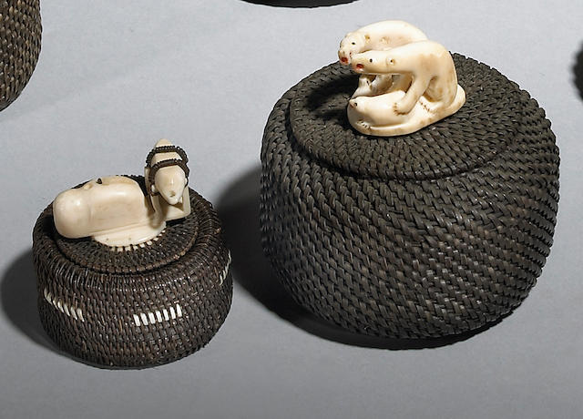 Two Eskimo lidded baleen baskets