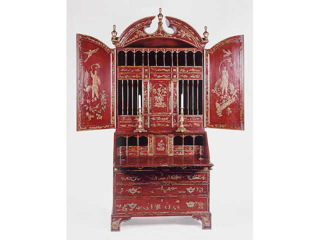 A fine George II style parcel gilt and lacquered secretary bookcase