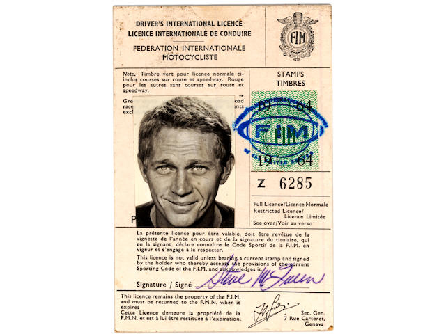 Driver's International License No. Z 6285  Issued to Steve McQueen by the FIM, Federation Internationale Motocycliste