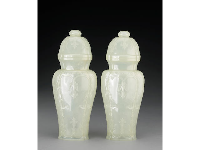 A pair of fine Moghul style white jade covered vases