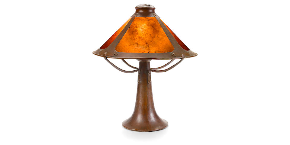 A Dirk van Erp hammered copper and mica lamp