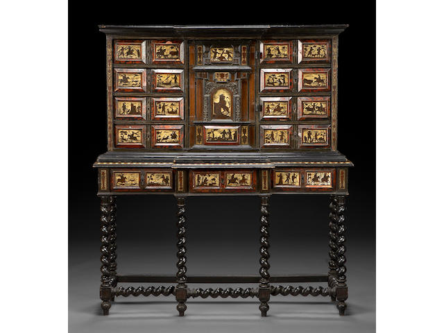 A Continental Baroque style tortoiseshell and bone inlaid ebonized cabinet on stand  third quarter 19th century