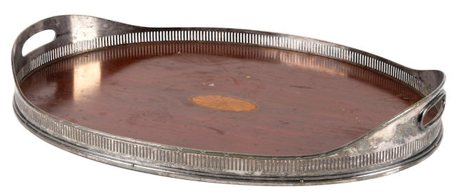 An inlaid mahogany serving tray with galleried edge