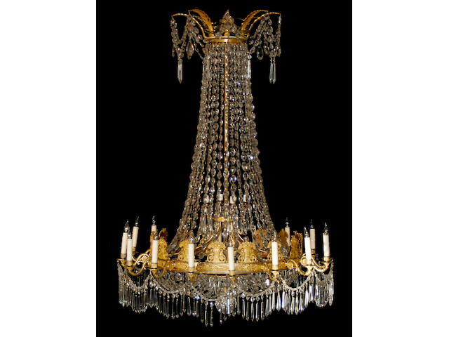 A fine Russian Neoclassical gilt bronze and cut glass twenty light chandelier