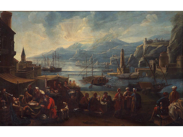 Attributed to Pietro Maurizio Bolckman (1640-1710) A capriccio harbor view with numerous figures; and a companion painting of a market scene (a pair) 33 x 51in (83.8 x 129.5cm)