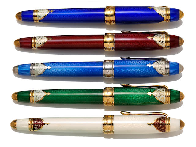 Michel Perchin Set of five Enamel and Gold Star of India Fountain Pens