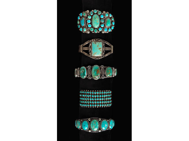 Five Navajo or Zuni bracelets