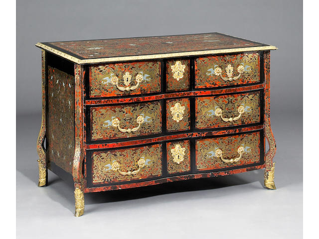 A Louis XIV gilt-bronze-mounted tortoise shell, brass, pewter and shell marquetry commode