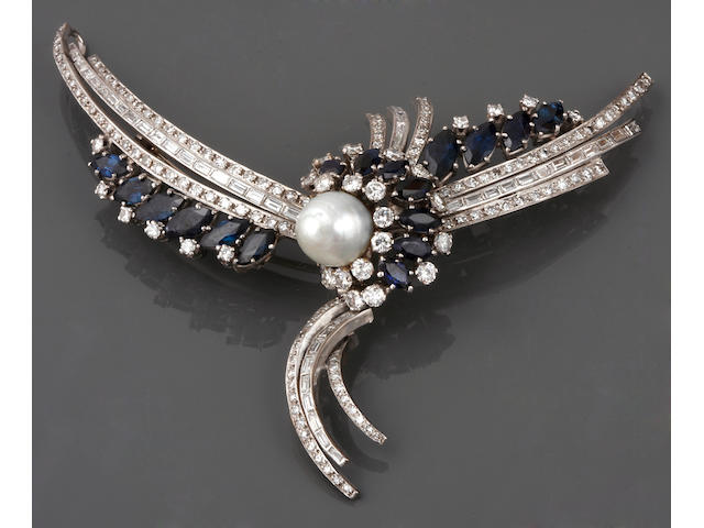 A sapphire, diamond and cultured pearl and platinum brooch