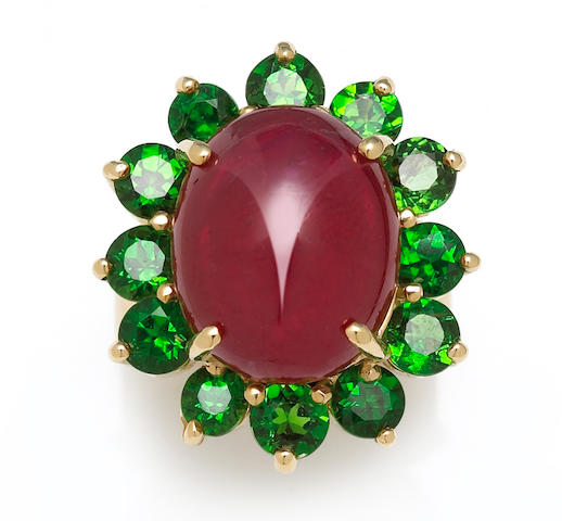 A ruby and tsavorite ring