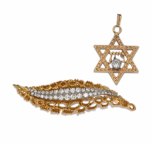 A diamond and eighteen karat gold brooch, together with a diamond and fourteen karat gold pendant and chain