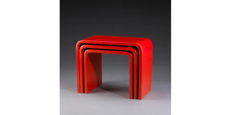 A set of three Robert Kuo red lacquered 'Waterfall' nesting tables