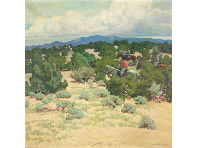 Ernest Martin Hennings (American, 1886-1956) Riders in the foothills 30 x 30in
