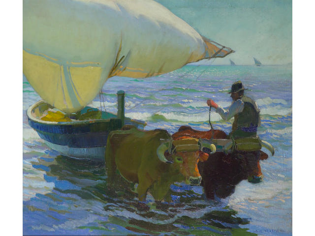 Arthur Grover Rider (American, 1886-1975) Bringing in the boats, Valencia, c. 1921 44 x 50in