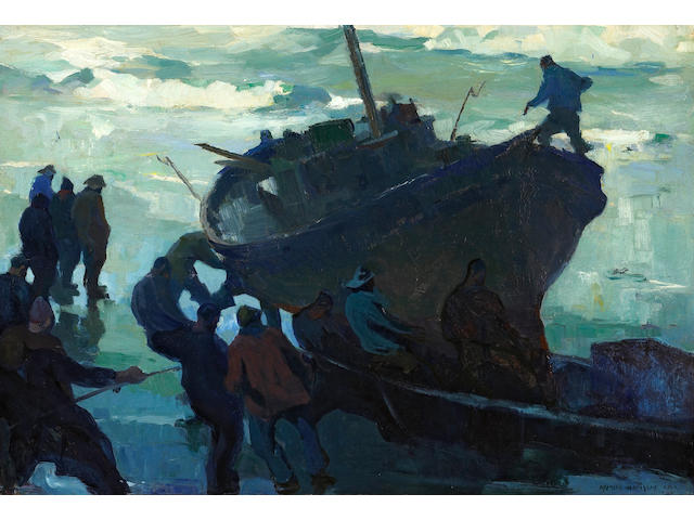 Armin Hansen (American, 1886-1957) Fishermen salvaging a wreck 26 x 38in