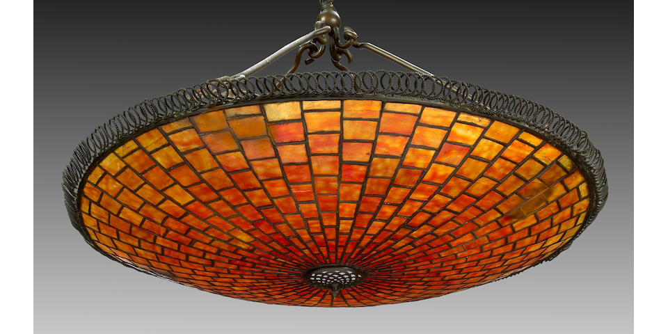 A Tiffany Studios Favrile glass and patinated-bronze Parasol chandelier