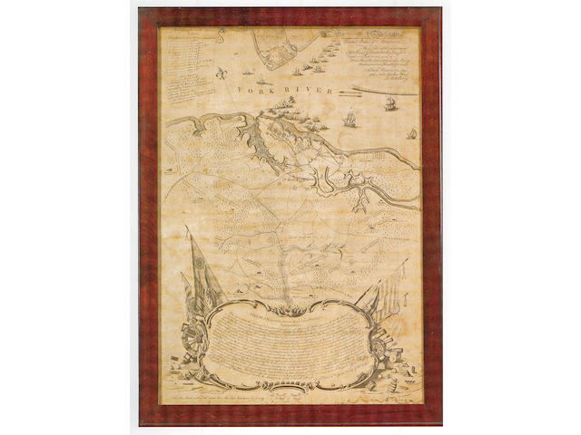 Bauman, Sebastian, Major. To His Excellency Genl. Washington. This Plan of the Investment of York and Gloucester...'' Philadelphia: 1782. 670 x 475 mm. Framed. Some water staining at lower margin. A very rare large scale map of the situation of the opposing armies of the Battle of Yorktown, the first American map of the final battle of the Revolutionary War. At the lower portion of the engraving is a large cartouche with explanations, rising from which on the right flank is the first printed depiction of the Stars & Stripes. Guthorn 19; Sellers & Van Ee, 1471; Wheat & Brun, 541.
