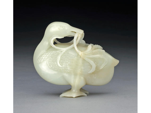 A white jade carving of a duck 18th Century