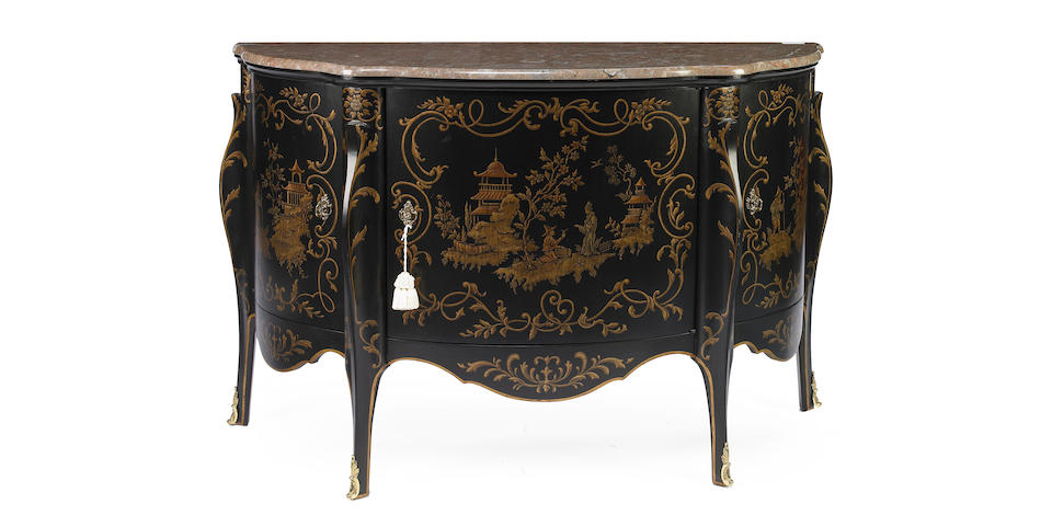 A pair of Chinoiserie decorated ebonized demilune commodes