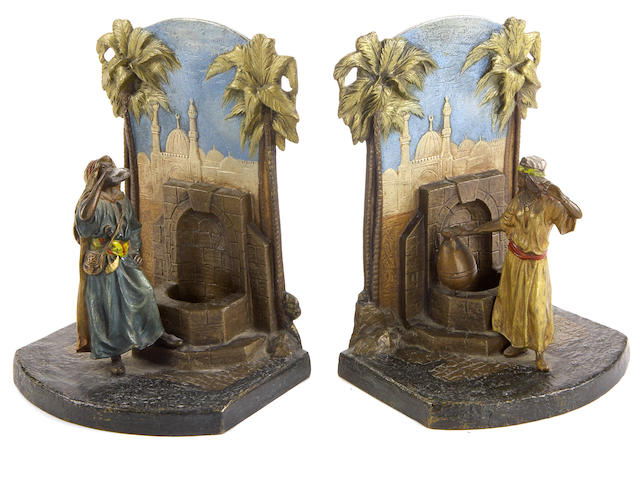 A pair of Vienna cold painted bronze figural bookends