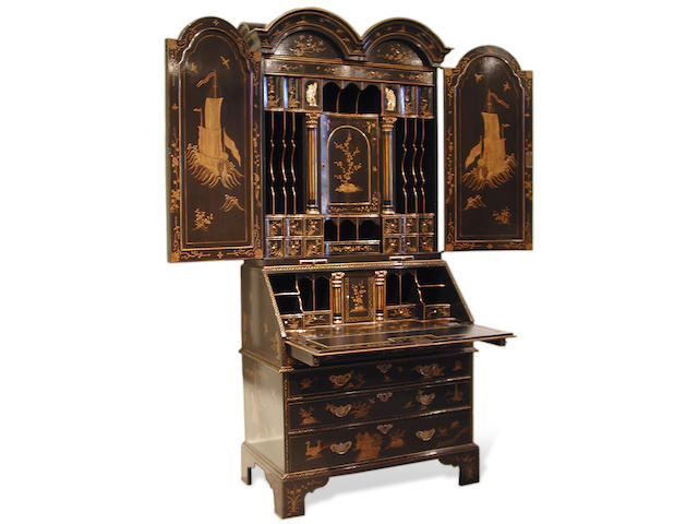A good George I style parcel gilt lacquered secretary bookcase