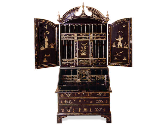 A George I style black and gold lacquered bureau bookcase