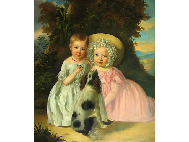 French School, 19th Century A portrait of two girls and their spaniel in a landscape 30 1/4 x 26 1/4in
