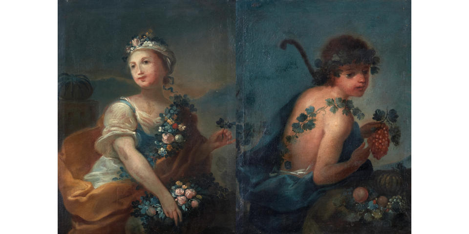 French School, 18th Century A portrait of a young girl as Flora; also a portrait of a young boy as Bacchus (a pair) first 20 1/8 x 15 1/2in; second 20 x 15 5/8in