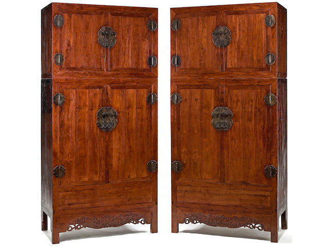 A pair of massive huanghuali veneer compound cupboards, Sijiangui 18th Century
