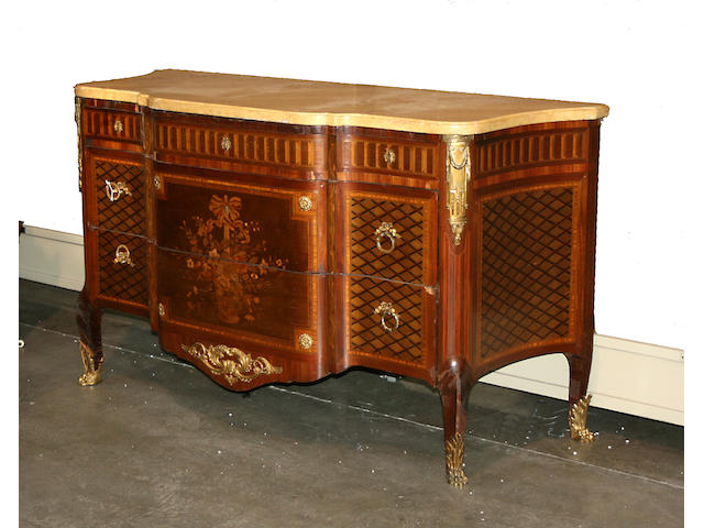 Louis XVI style gilt bronze mounted, marquetry and parquetry commode