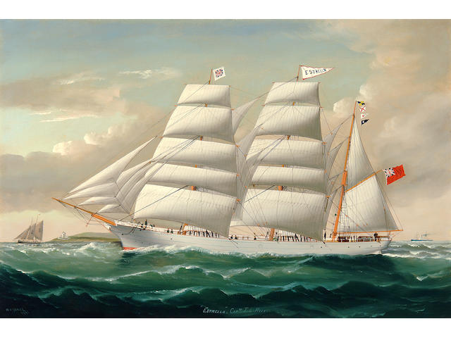 William Howard Yorke (American, 1847-1921) The British bark Estrella, in-bound for Liverpool and calling for a pilot off the Point Lynas lighthouse, Anglesey, North Wales 20 x 30 in. (50.8 x 76.2 cm.)