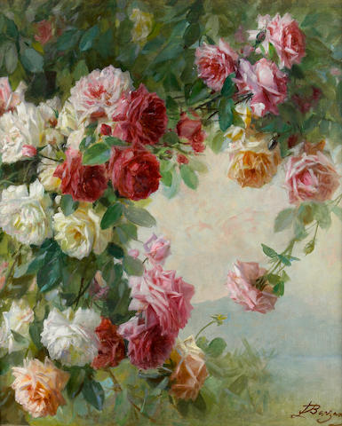 Licinio Barzanti (Italian, 1857-1944) Roses at a lake 32 1/2 x 27 1/4in
