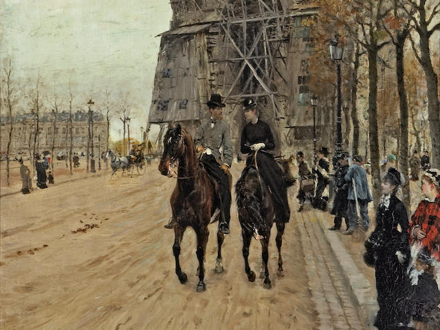 Giuseppe de Nittis (Italian, 1846-1884) A ride along the Avenue des Champs-Elys&#233;es 21 x 16in (53.3 x 40.7cm)