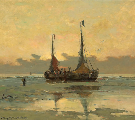 Gerhard Arij Ludwig Morgenstjerne Munthe (Dutch, 1875-1927) Fishing boats at low tide 21 3/4 x 25in (55.3 x 63.5cm)
