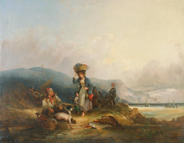 William Shayer, Snr. (British, 1787-1879) Fisherfolk and their catch by the sea 28 x 35 3/4in (71.1 x 90.8cm)