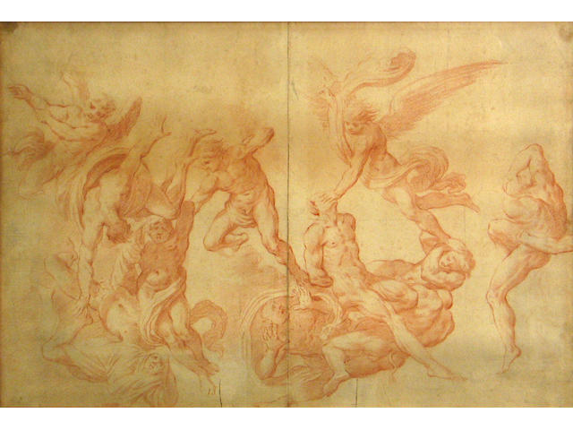 Italian School, 17th Century Angels driving out the damned; and a drawing of a man standing, thought to be after Raphael (2) first sight 12 x 18in; second 10 x 4 7/8in