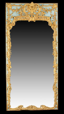 A large and important German Rococo blue painted and parcel gilt pier mirror  second quarter 18th century